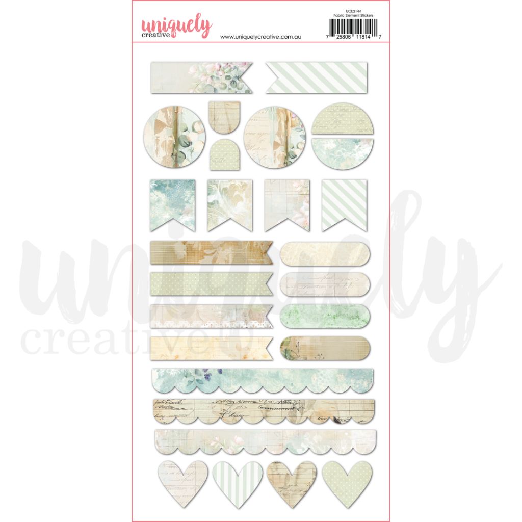 A sheet of "Fabric Elements Stickers" by Uniquely Creative, featuring pastel designs in various shapes like circles, flags, and hearts with floral and vintage textures.