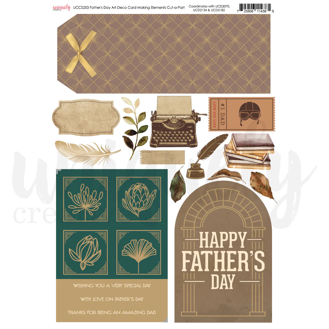 Father's Day Art Deco Cardmaking Elements Cut-a-Part Sheet by Uniquely Creative — A4 200gsm with brown arch card panel, teal botanical cut-apart squares, art deco tag panel, typewriter, books, quill and foliage in teal, brown, tan and gold tones