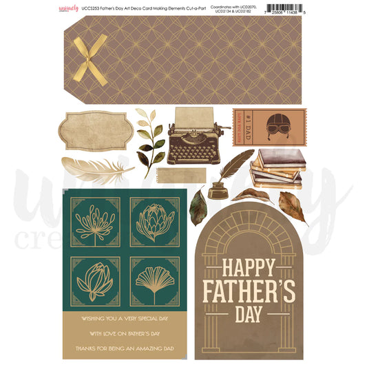 Father's Day Art Deco Cardmaking Elements Cut-a-Part Sheet by Uniquely Creative — A4 200gsm with brown arch card panel, teal botanical cut-apart squares, art deco tag panel, typewriter, books, quill and foliage in teal, brown, tan and gold tones