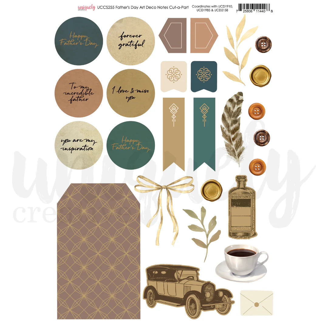 Father's Day Art Deco Notes Cut-a-Part Sheet by Uniquely Creative — A4 200gsm with sentiment circles, flag tab panels, vintage car, antique bottle, coffee cup, buttons and foliage in teal, tan, brown and gold tones