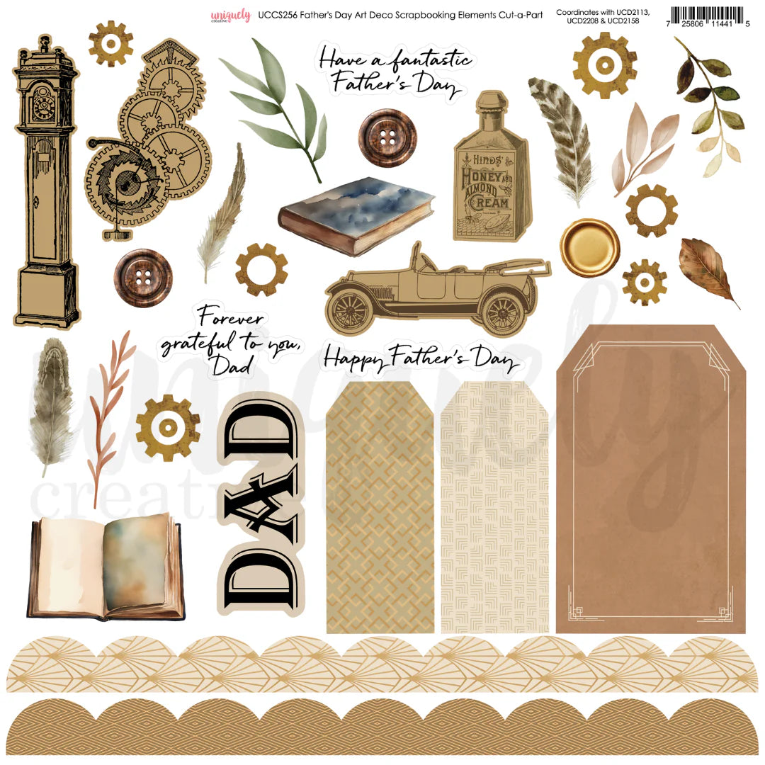Father's Day Art Deco Scrapbooking Elements Cut-a-Part Sheet by Uniquely Creative — 12×12" 250gsm with vintage grandfather clock, classic car, gears, books, feathers, tag panels and art deco border strips in gold, tan, brown and sage tones