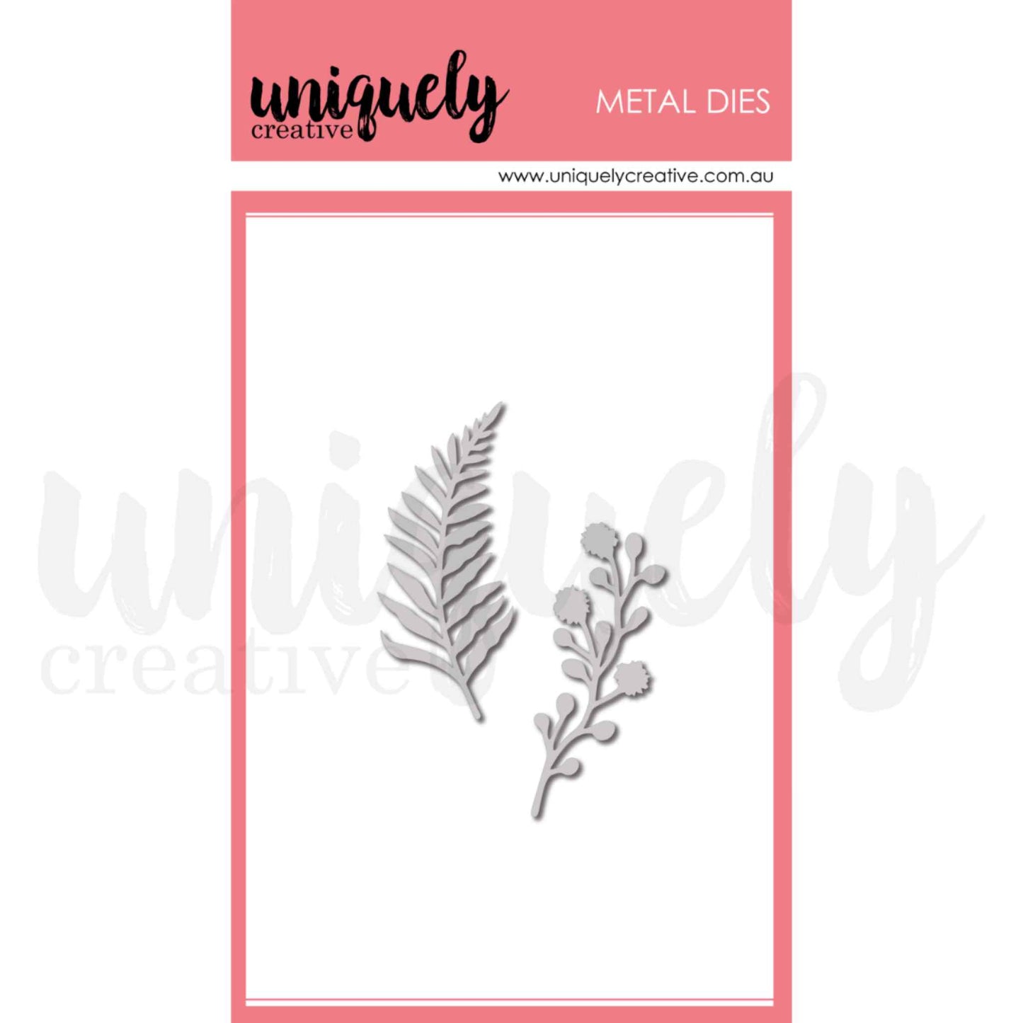 Uniquely Creative Filler Foliage Die set showing two metal cutting dies — a feathery fern frond (approximately 1¼" × 2½") and a delicate berry and flower stem (approximately 1" × 2¼")