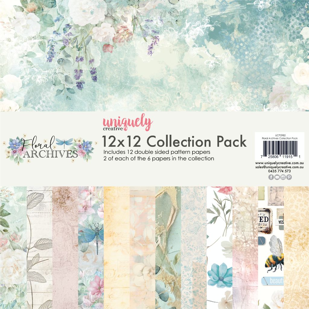 Uniquely Creative Floral Archives 12x12 Collection Pack featuring 12 double-sided patterned papers with soft pastel floral designs, ideal for scrapbooking and card making.