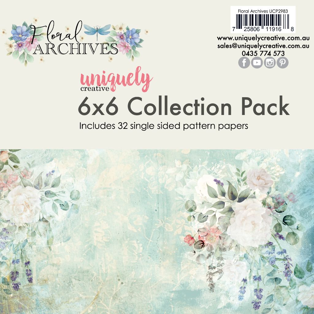 Uniquely Creative Floral Archives 6x6 Collection Pack with 32 single-sided patterned papers in soft watercolor florals, perfect for card making and mini albums.
