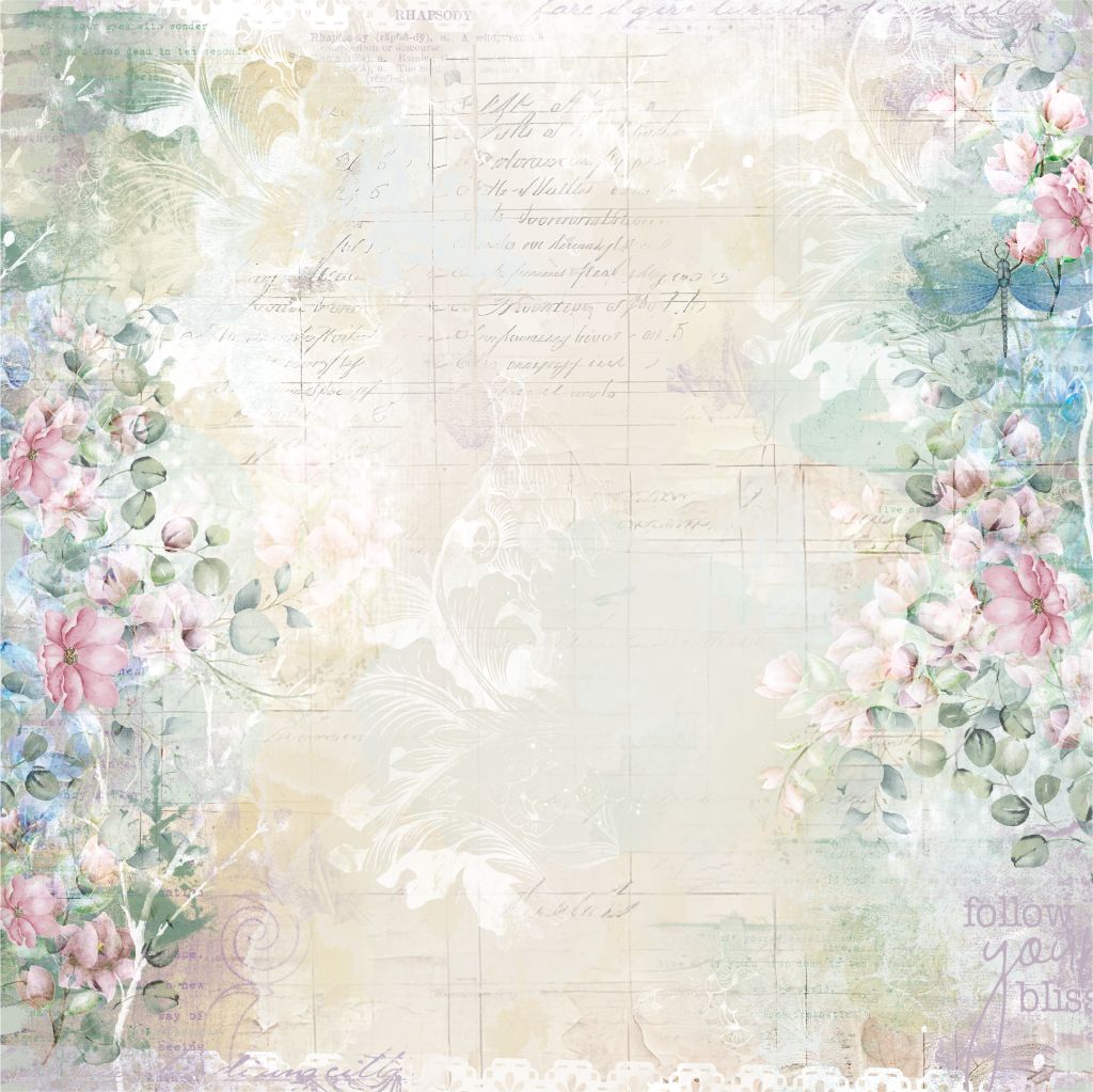 Watercolour floral clusters in blue and green tones with lace and botanical accents, creating a vintage-inspired background ideal for journalling or decorative layouts.