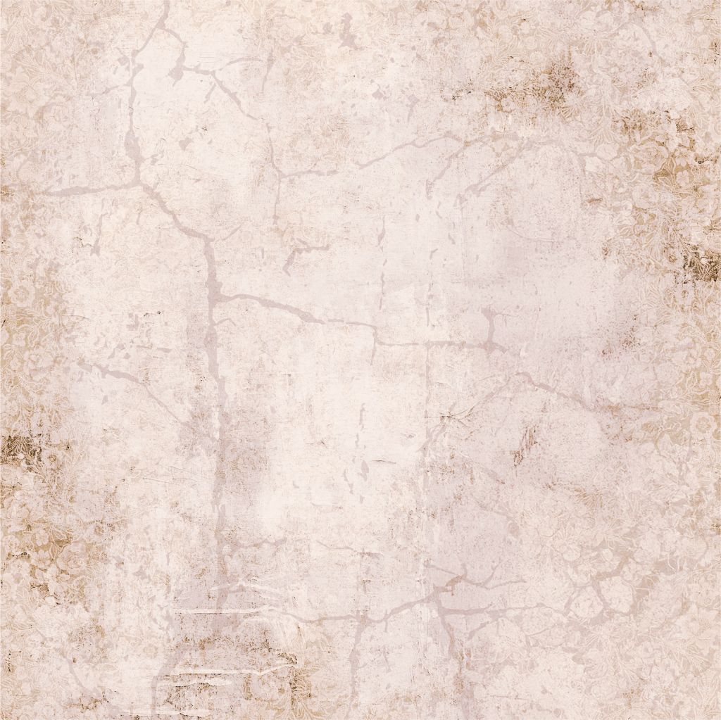 Back side of 12x12 scrapbook paper with distressed beige background and faded floral patterns resembling aged wallpaper