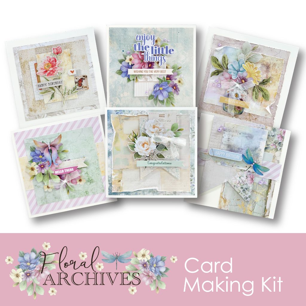 Uniquely Creative Floral Archives Card Making Kit with six hand-crafted floral greeting cards and layered embellishments, perfect for birthdays, congratulations, and everyday sentiments.