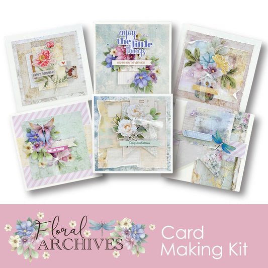 Uniquely Creative Floral Archives Card Making Kit with six hand-crafted floral greeting cards and layered embellishments, perfect for birthdays, congratulations, and everyday sentiments.