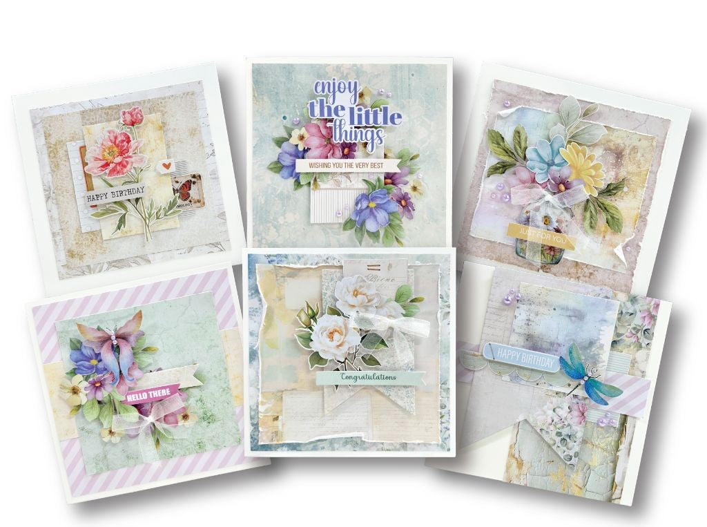 Six handmade floral greeting cards and layered embellishments, perfect for birthdays, congratulations, and everyday sentiments using the Floral Archives Collection from Uniquely Creative. 