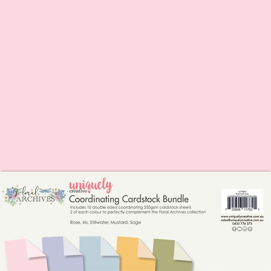 Uniquely Creative Floral Archives Coordinating Cardstock Bundle with 10 double-sided 250gsm sheets in Rose, Iris, Stillwater, Mustard, and Sage—perfectly matched for paper crafting projects.