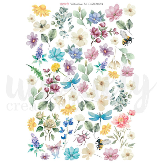 Uniquely Creative Floral Archives Cut-a-Part Sheet UCCS214 featuring watercolour-style flowers, leaves, and insects for fussy cutting and layering in creative projects.