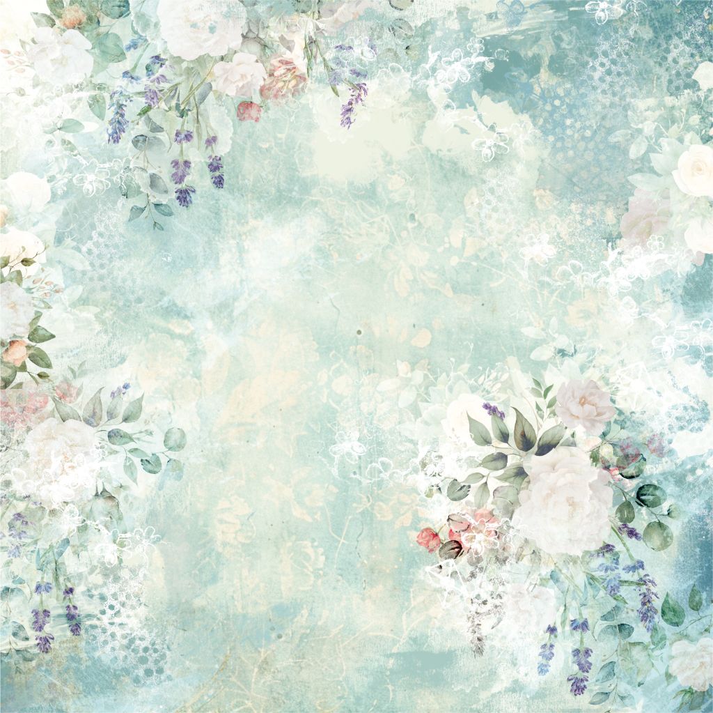 Watercolour floral clusters in blue and green tones with lace and botanical accents, creating a vintage-inspired background ideal for journalling or decorative layouts.