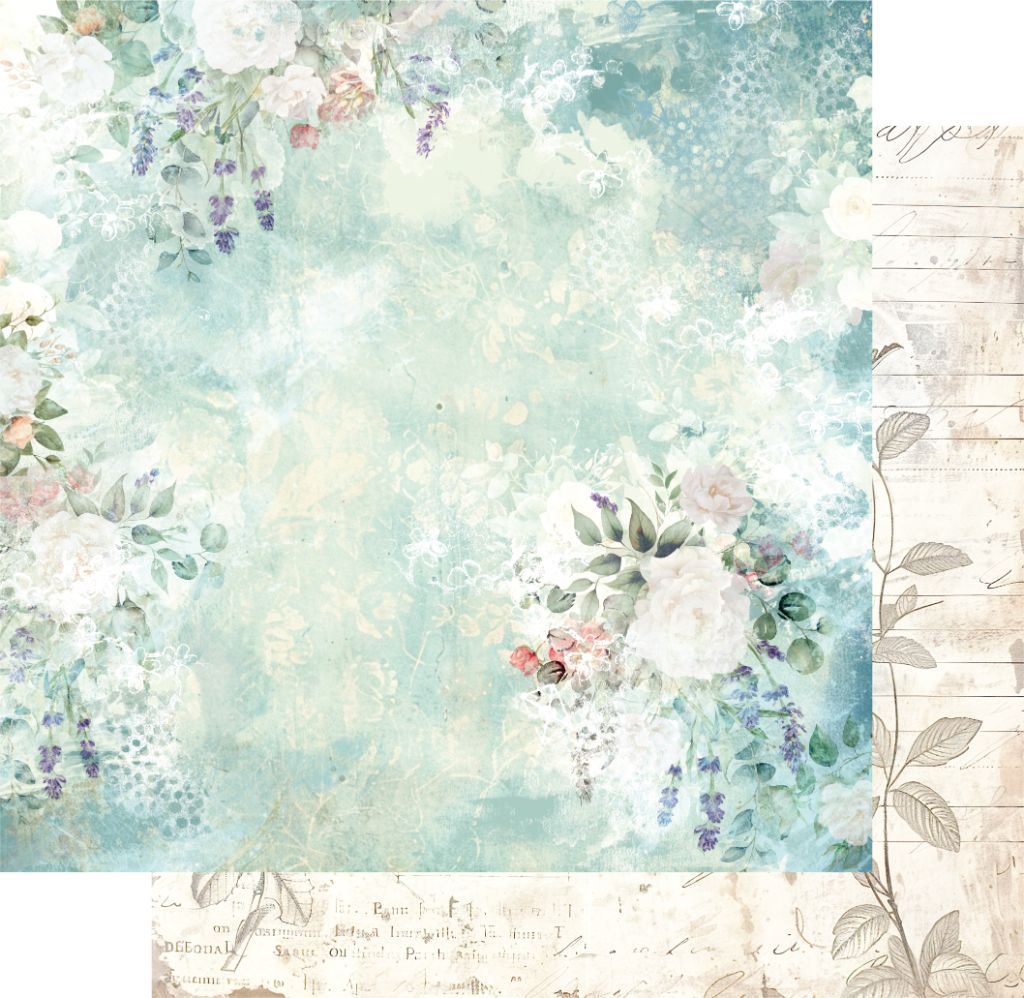 12x12" double-sided scrapbook paper featuring soft pastel florals in watercolour style. The front showcases roses and lavender around the edges with a lightly textured centre, while a preview of the reverse is shown in the corner.