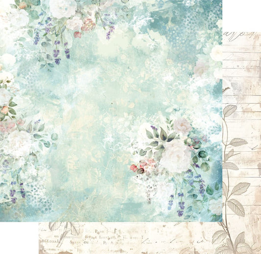 12x12" double-sided scrapbook paper featuring soft pastel florals in watercolour style. The front showcases roses and lavender around the edges with a lightly textured centre, while a preview of the reverse is shown in the corner.