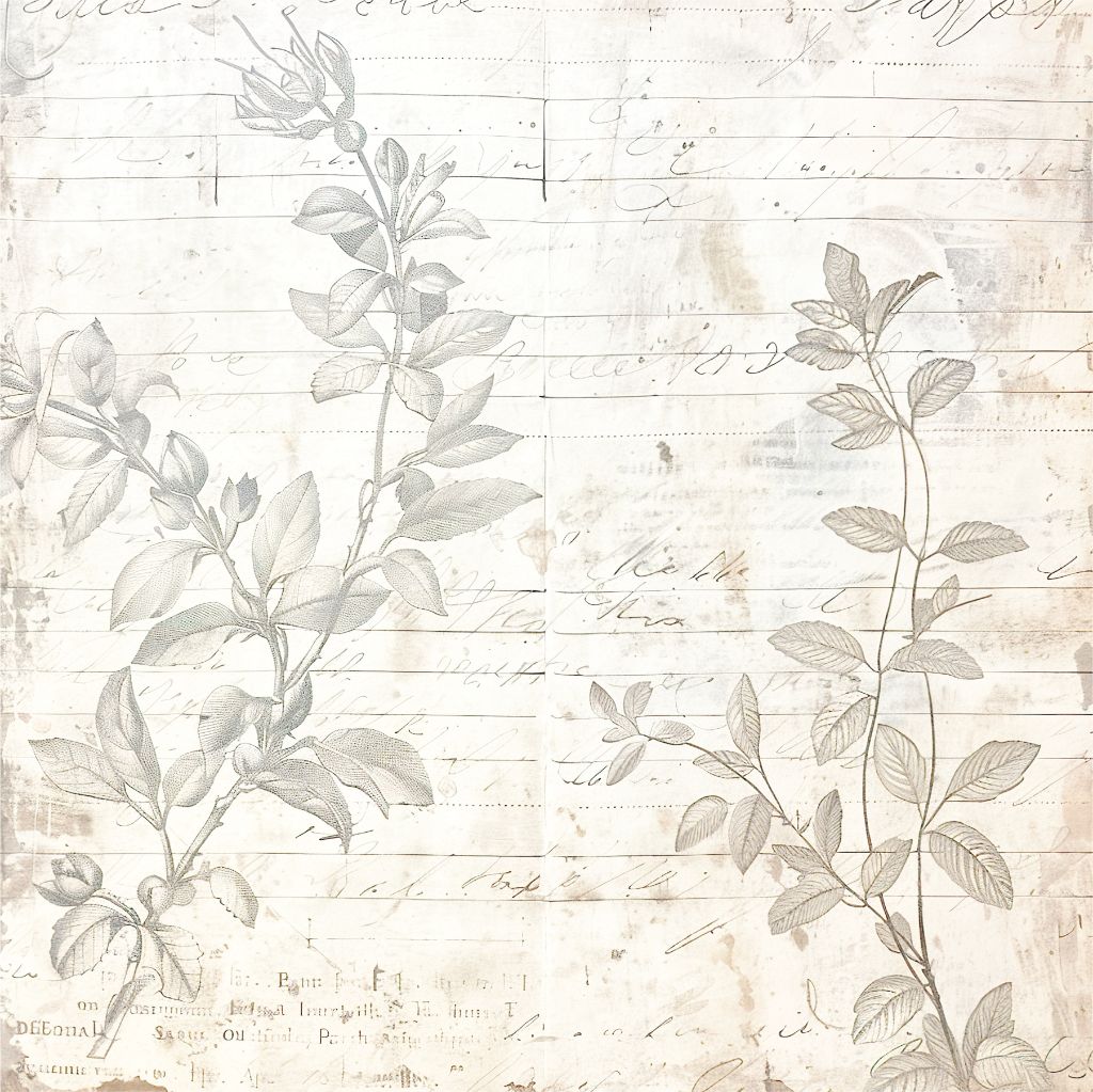 Coordinating soft floral print with faded botanical textures and subtle script, offering a complementary design for layered or double-sided projects.