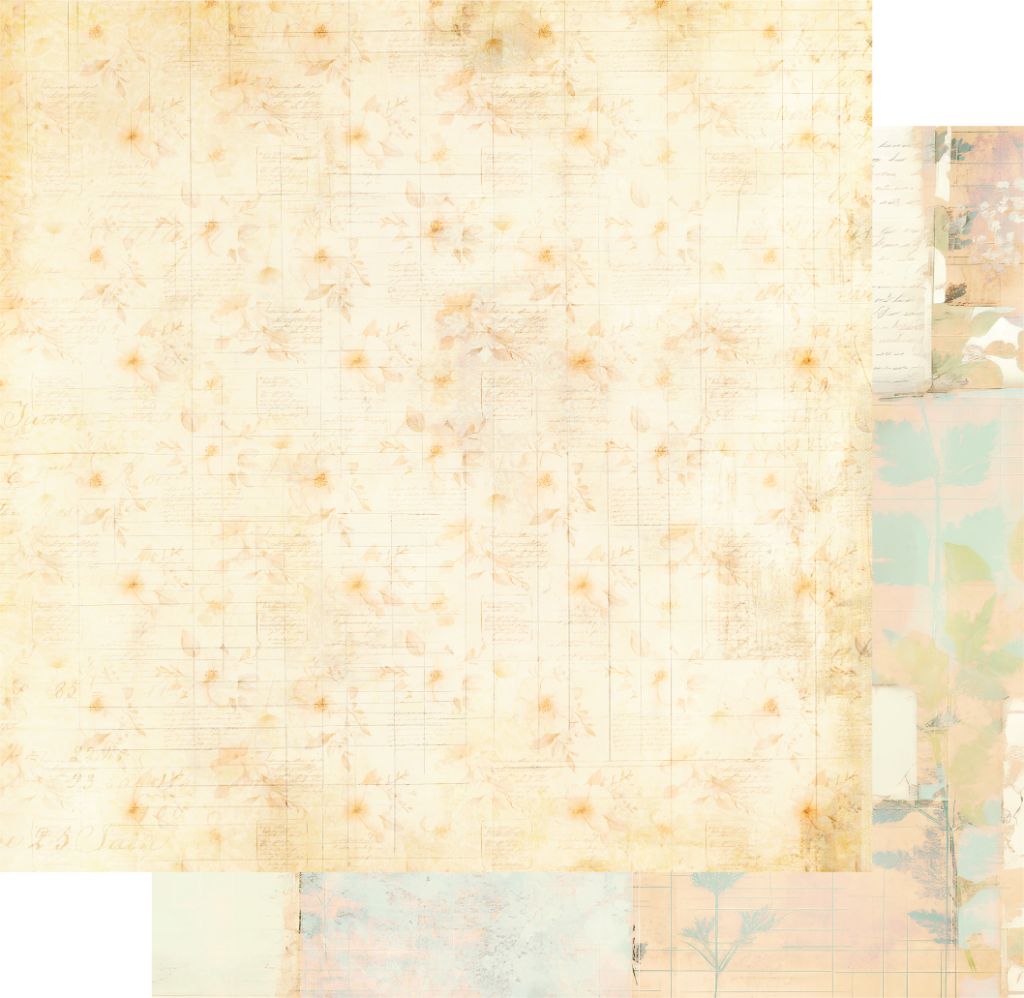 12x12" double-sided scrapbook paper with a soft sepia-toned floral design and vintage ledger-style grid. The front features faded flowers, leaves, and handwritten script, with a preview of the reverse shown in the corner.