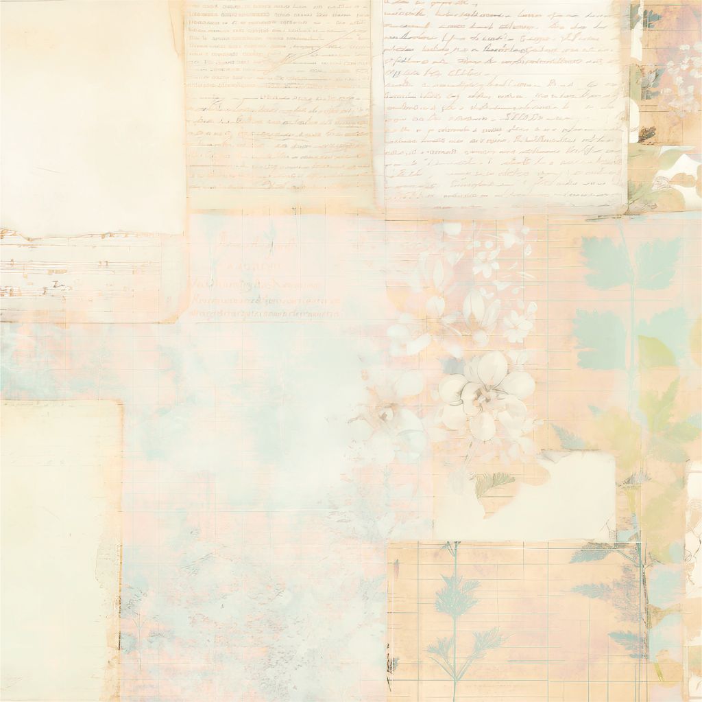 Coordinated collage-style print with botanical sketches, watercolour textures, and vintage paper elements, ideal for journalling, mixed media, or heritage layouts.
