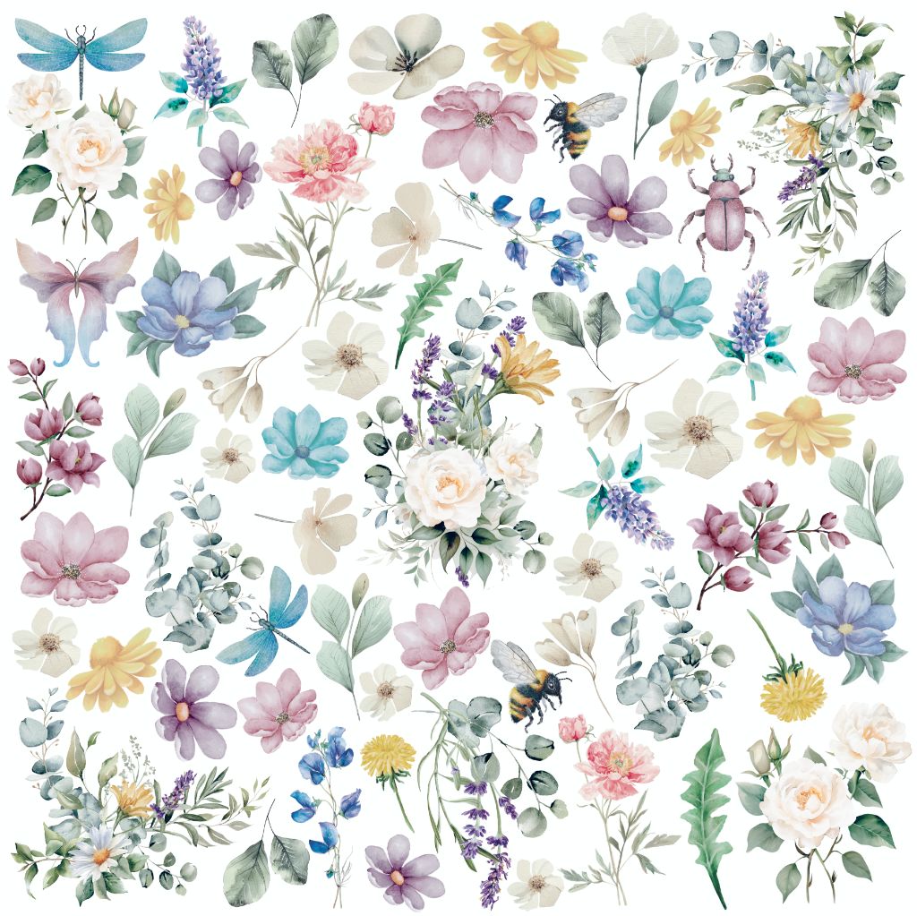 Bright and detailed floral pattern with roses, daisies, lavender, and peonies in pink, purple, yellow, and blue, interspersed with bees, butterflies, and dragonflies on a crisp white background.