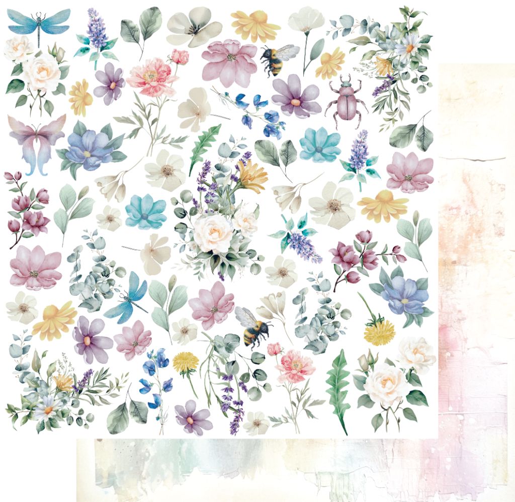 12x12" double-sided scrapbook paper featuring a vibrant watercolour-style collage of flowers, leaves, and insects. The front showcases a dense arrangement of colourful blooms and botanical elements, with a preview of the reverse shown in the corner.