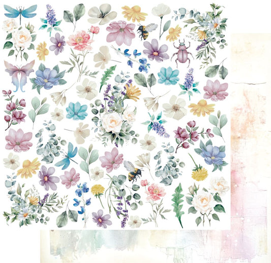 12x12" double-sided scrapbook paper featuring a vibrant watercolour-style collage of flowers, leaves, and insects. The front showcases a dense arrangement of colourful blooms and botanical elements, with a preview of the reverse shown in the corner.