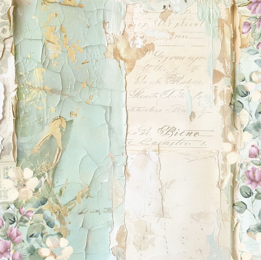Romantic collage-style layout with peeling pastel paint, gold accents, French cursive handwriting, pink and white flowers, and ornate turquoise and peach borders, evoking a nostalgic, shabby chic aesthetic.