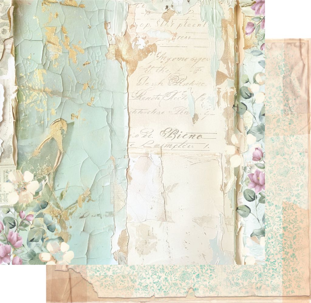 12x12" double-sided scrapbook paper with a layered collage of vintage textures, florals, and handwritten script. The front features aged paint, decorative borders, and botanical accents, with a preview of the reverse shown in the corner.