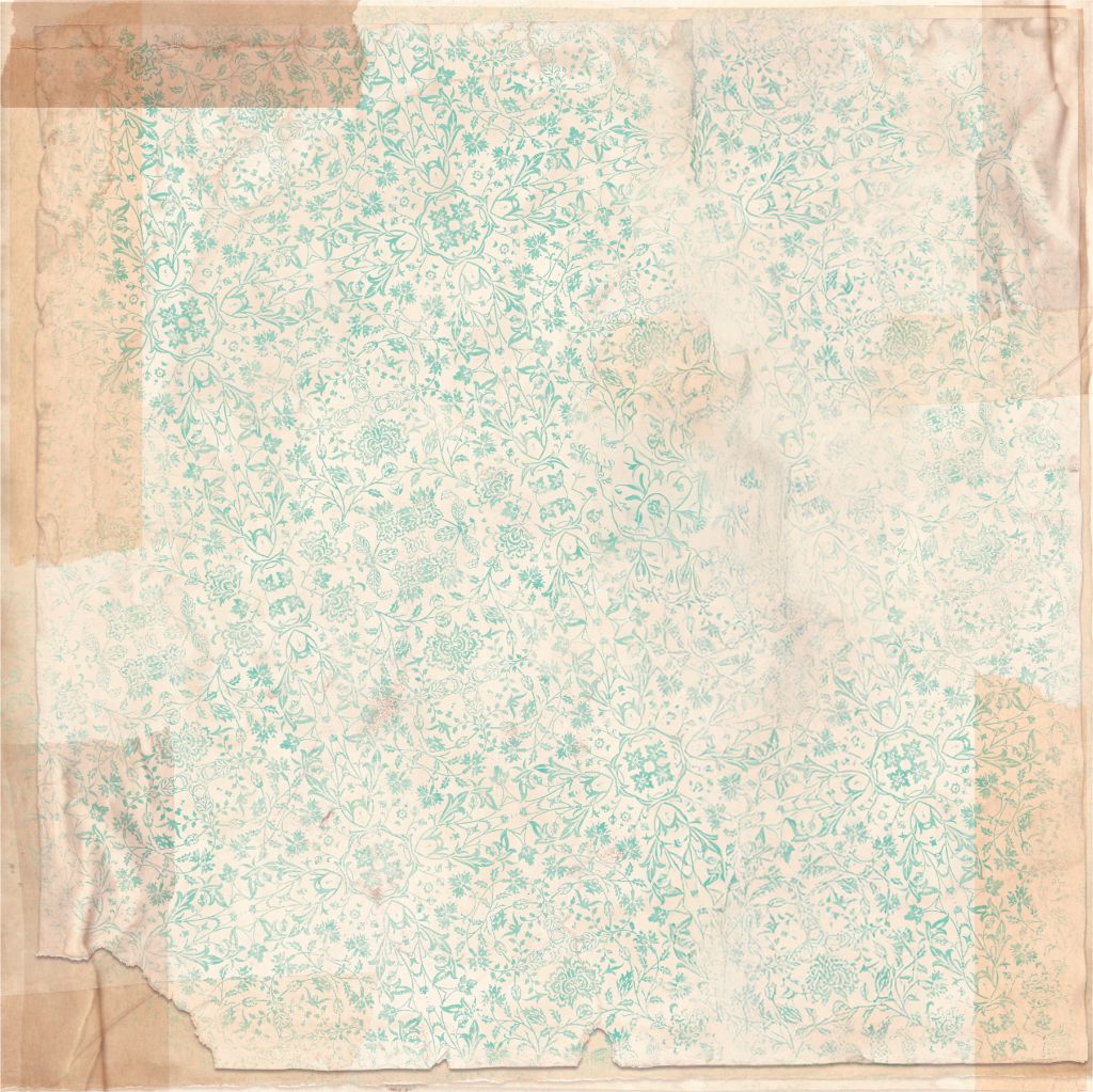 Faded turquoise pattern with symmetrical floral and geometric motifs, distressed edges, and visible wear marks, creating an antique wallpaper effect ideal for heritage or mixed media projects.