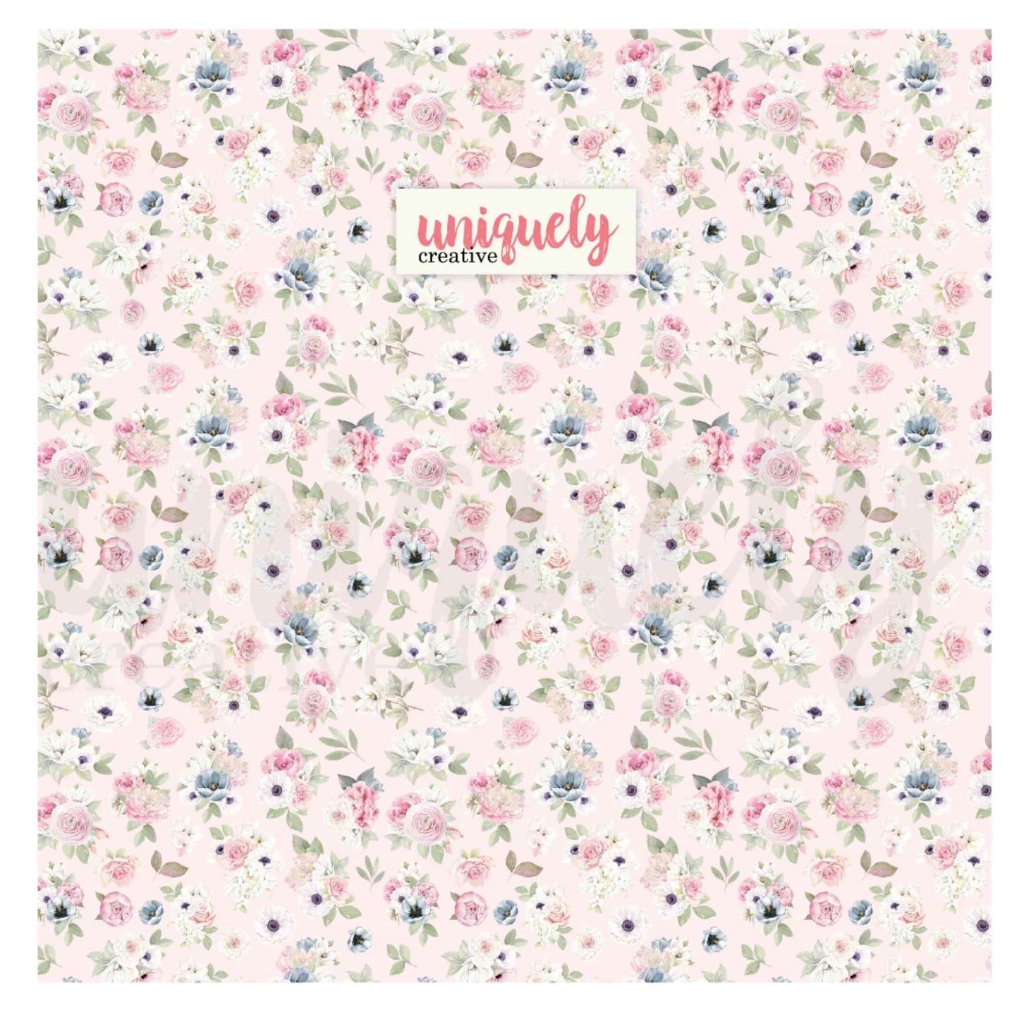 Uniquely Creative Floral Canvas Bag fabric print showing an all-over watercolour floral design with blush pink roses, white anemones and soft grey-green leaves on a pale pink background