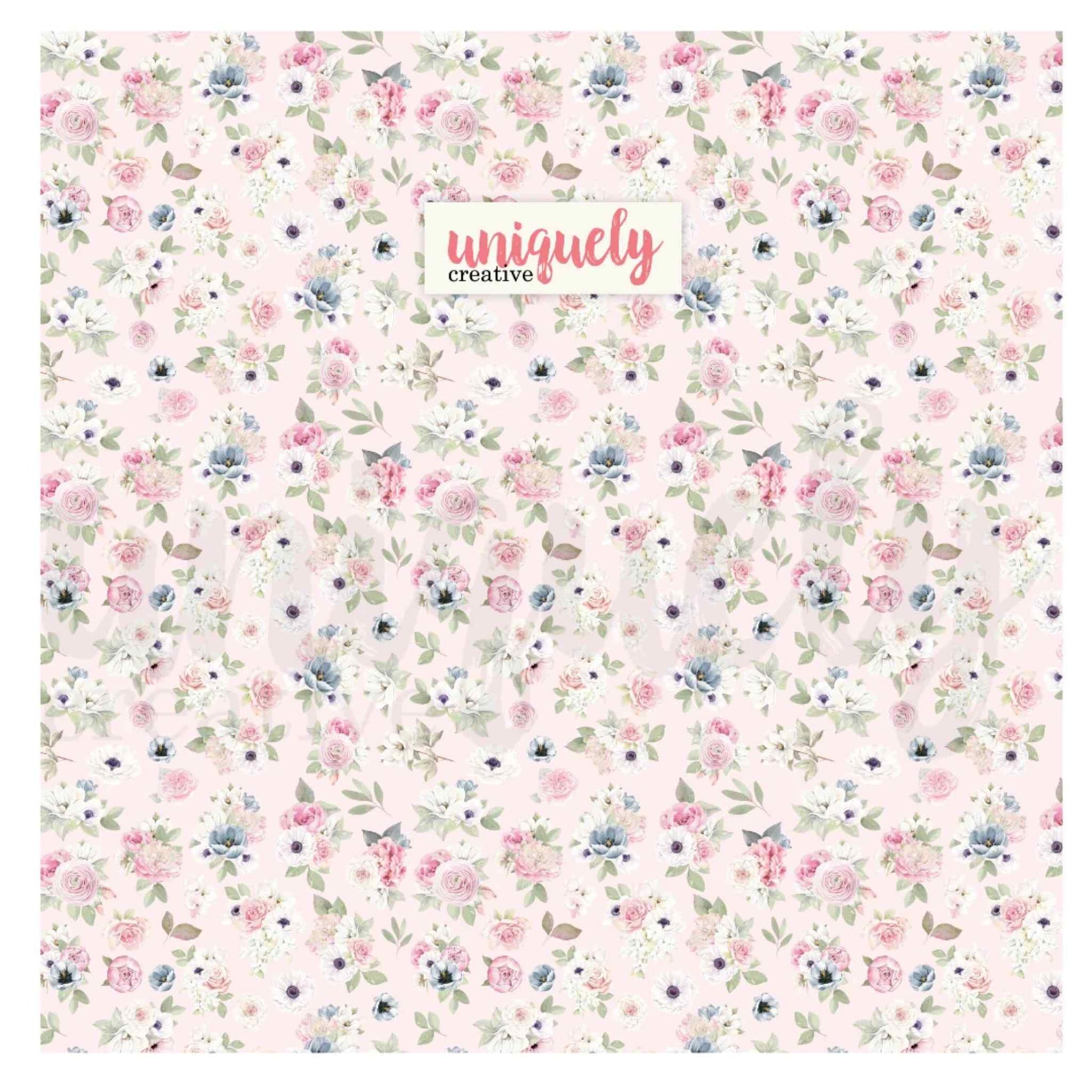 Uniquely Creative Floral Canvas Bag fabric print showing an all-over watercolour floral design with blush pink roses, white anemones and soft grey-green leaves on a pale pink background