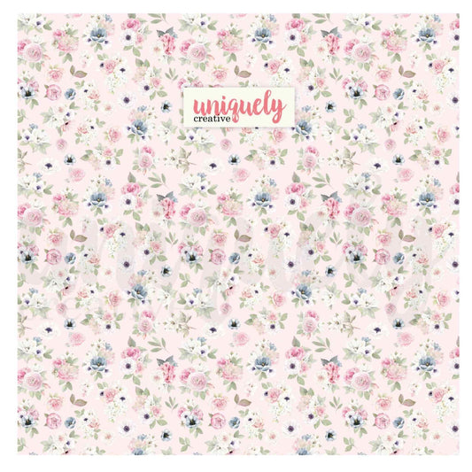 Uniquely Creative Floral Canvas Bag fabric print showing an all-over watercolour floral design with blush pink roses, white anemones and soft grey-green leaves on a pale pink background