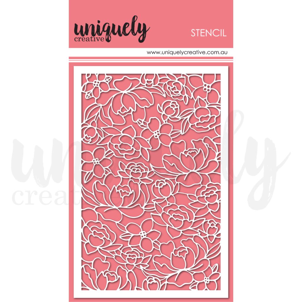 Uniquely Creative floral stencil with intricate flower and leaf patterns for paper crafting and card making.