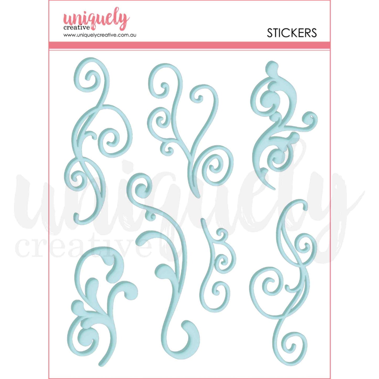 Uniquely Creative Flourish Puffy Stickers in Blue — sheet of 7 self-adhesive swirling flourish puffy stickers ranging from 2½ to 4¾ inches tall