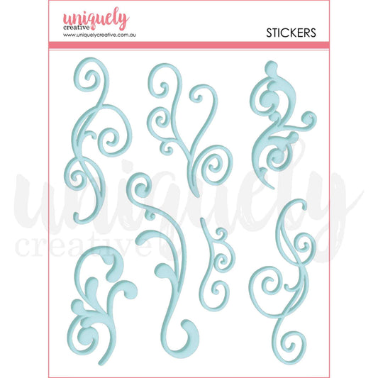 Uniquely Creative Flourish Puffy Stickers in Blue — sheet of 7 self-adhesive swirling flourish puffy stickers ranging from 2½ to 4¾ inches tall