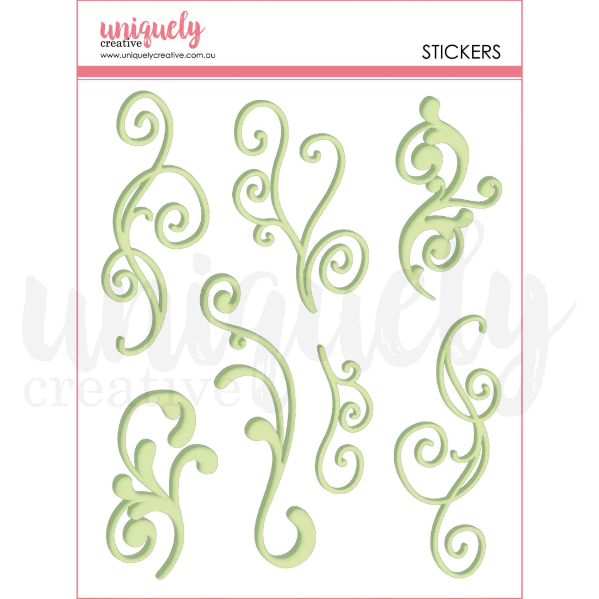 Uniquely Creative Flourish Puffy Stickers in Green — sheet of 7 self-adhesive swirling flourish puffy stickers ranging from 2½ to 4¾ inches tall
