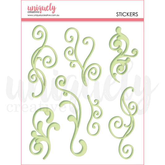 Uniquely Creative Flourish Puffy Stickers in Green — sheet of 7 self-adhesive swirling flourish puffy stickers ranging from 2½ to 4¾ inches tall