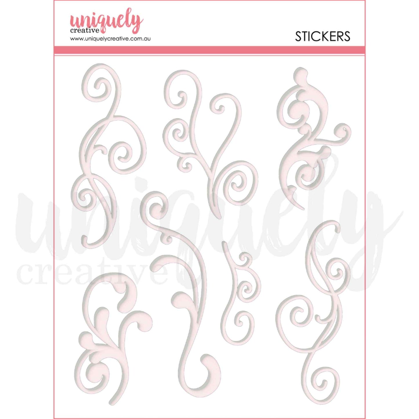 Uniquely Creative Flourish Puffy Stickers in White — sheet of 7 self-adhesive swirling flourish puffy stickers ranging from 2½ to 4¾ inches tall