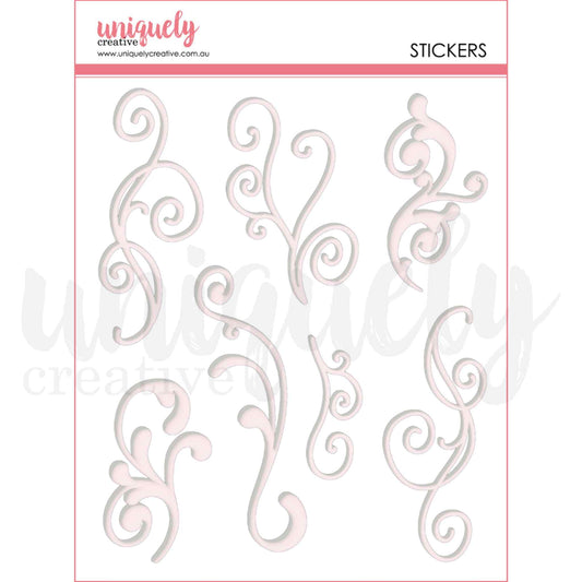 Uniquely Creative Flourish Puffy Stickers in White — sheet of 7 self-adhesive swirling flourish puffy stickers ranging from 2½ to 4¾ inches tall