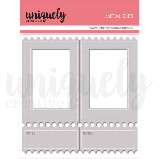 Folding Ticket Frame metal die by Uniquely Creative — steel die cutting two connected ticket-style frames with scalloped top edges, perforated tear-strip, stitched inner frame, and notes section, approximately 5.5 by 5.5 inches