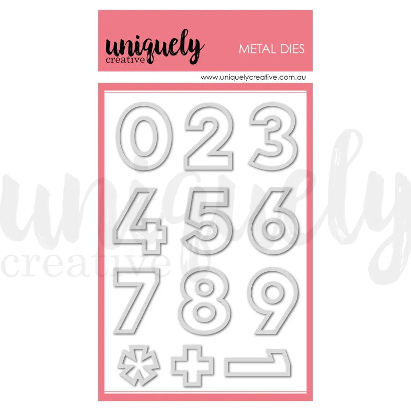 Uniquely Creative Giant Outline Numbers Metal Die showing 0-9 numbers plus asterisk and plus symbols in white dimensional outline style on pink branded packaging