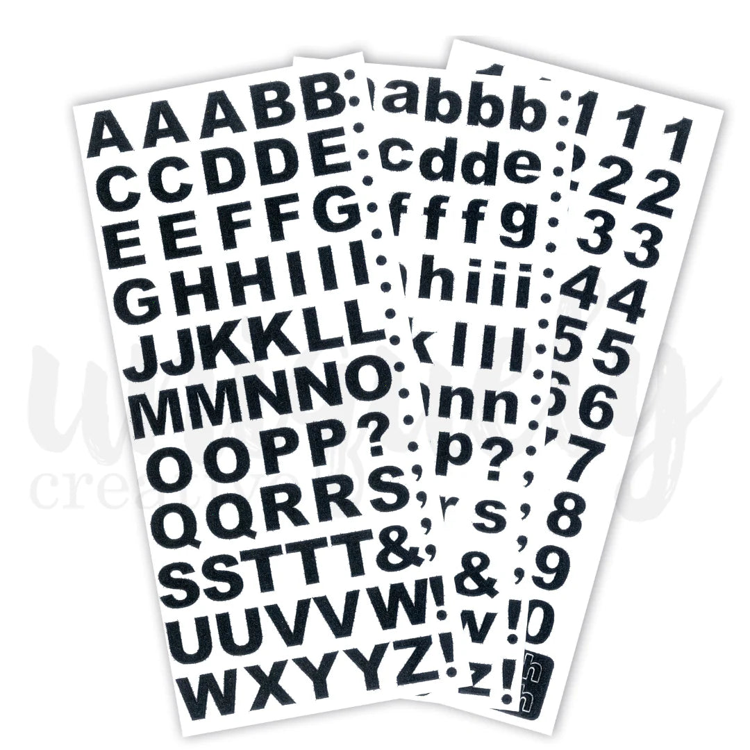 Uniquely Creative Black Glitter Alpha and Number Stickers — three sheets showing uppercase, lowercase and number stickers with bold black glitter finish