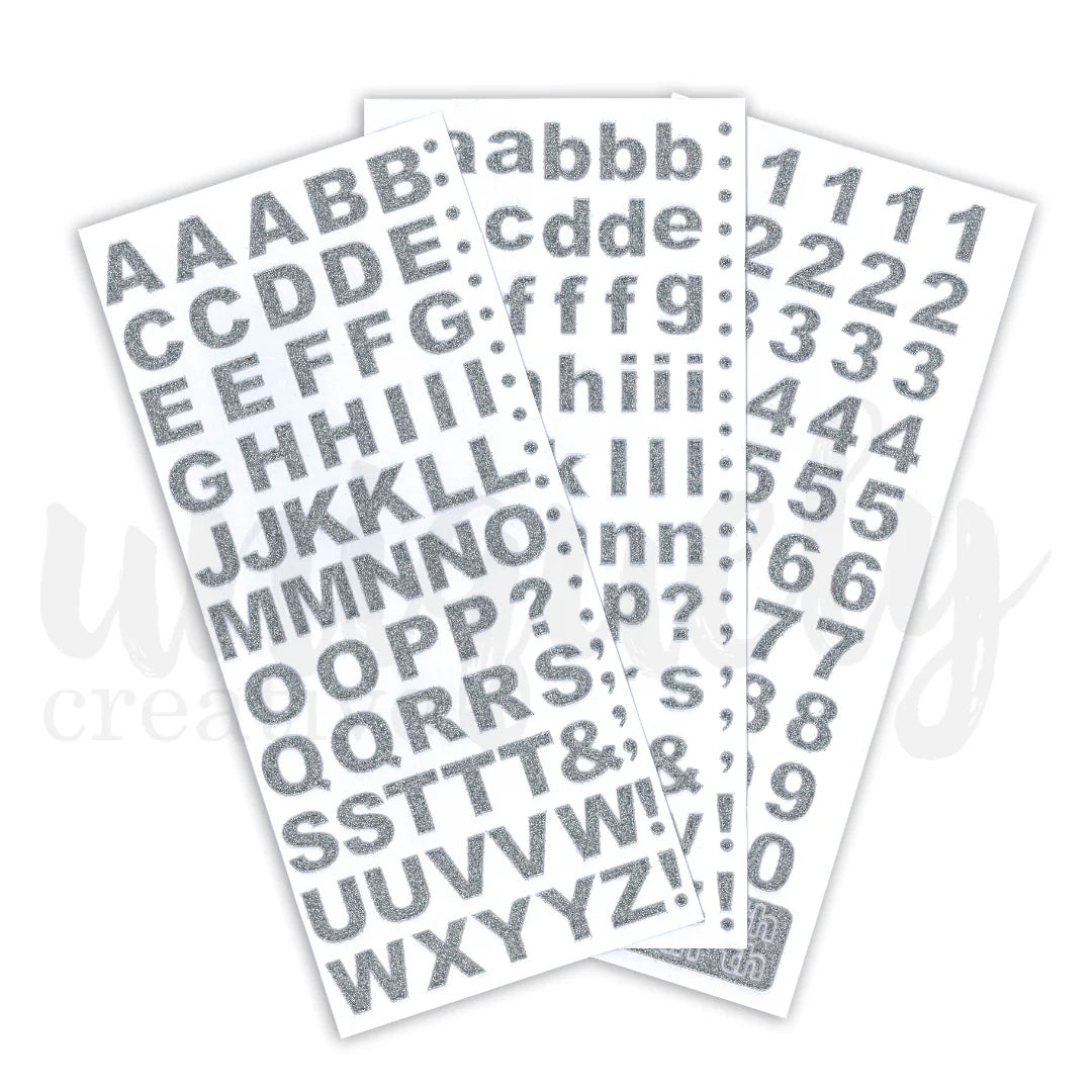 Uniquely Creative Silver Glitter Alpha and Number Stickers — three sheets showing uppercase, lowercase and number stickers with bold silver glitter finish