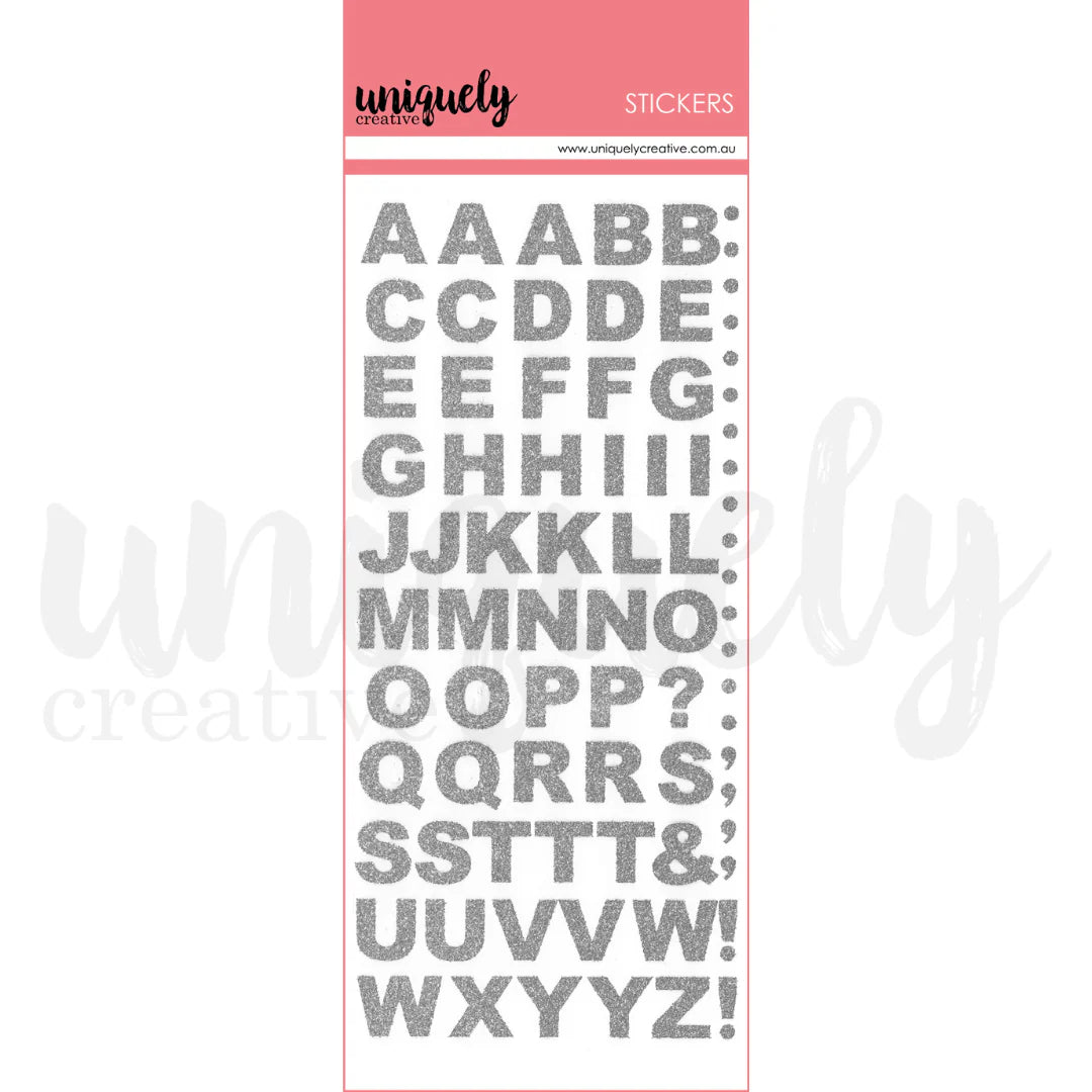 Uniquely Creative Silver Glitter Alpha Stickers packaging showing uppercase A–Z bold glitter letter stickers approx. ½" for scrapbooking and card making