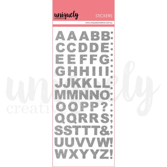 Uniquely Creative Silver Glitter Alpha Stickers packaging showing uppercase A–Z bold glitter letter stickers approx. ½" for scrapbooking and card making