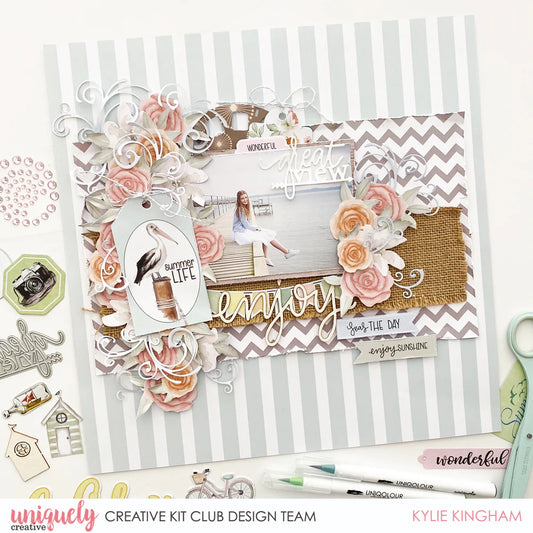Sample scrapbook layout using Uniquely Creative Great View Die with summer photo, pink and white flowers, chevron pattern and enjoy sentiment