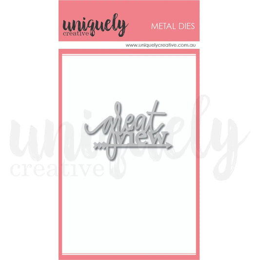 Uniquely Creative Great View Sentiment Metal Die showing handwritten script phrase on pink branded packaging