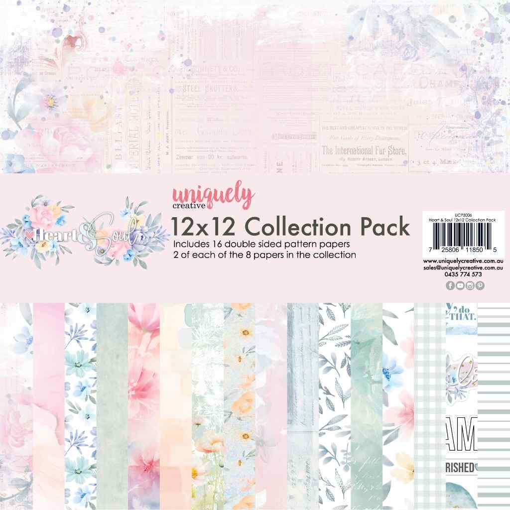 Uniquely Creative Heart & Soul 12x12 Collection Pack cover showing 16 double-sided papers, two each of eight designs, with pastel floral and coordinating patterns.