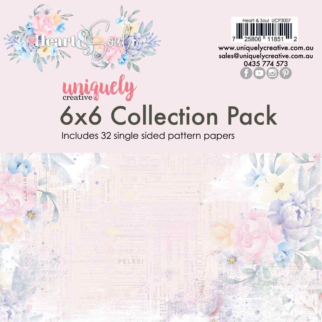 Uniquely Creative Heart & Soul 6x6 Collection Pack cover showing 32 single-sided patterned papers with soft floral artwork and the Heart & Soul logo.