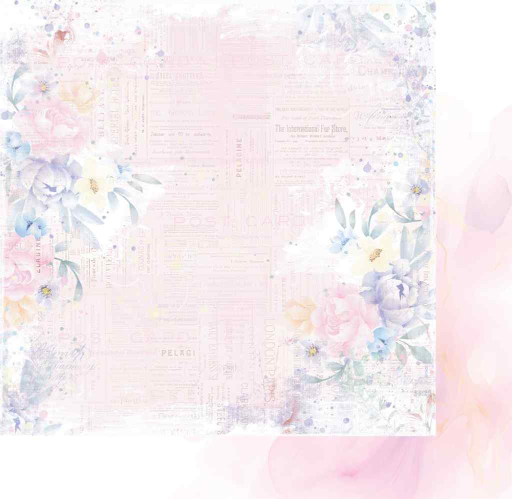 Heart & Soul Be Happy 12x12 paper with a soft pastel floral border around a pale central area and pink watercolour reverse.
