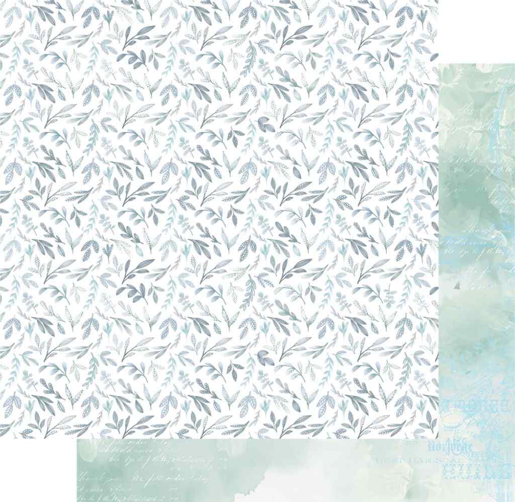 Heart & Soul Be Kind 12x12 paper showing a delicate grey-green leafy pattern with a soft pale blue-green reverse.