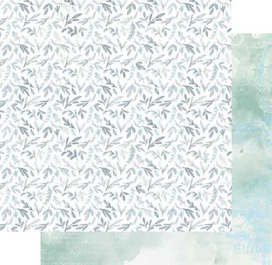 Heart & Soul Be Kind 12x12 paper showing a delicate grey-green leafy pattern with a soft pale blue-green reverse.